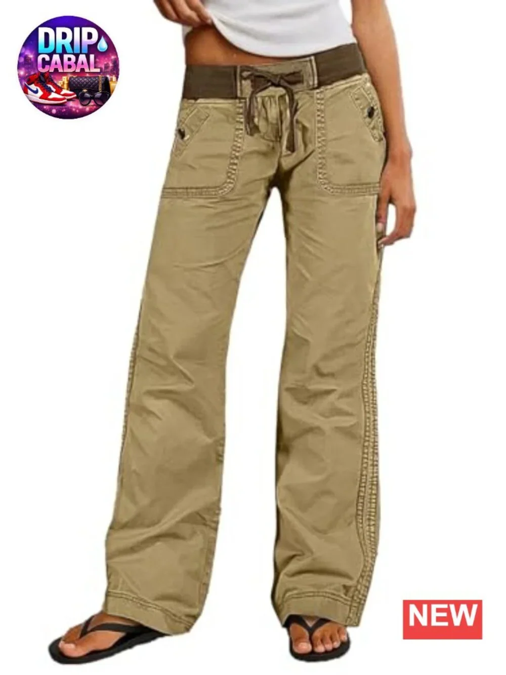 100% Cotton Straight Leg Drawstring Pants, Mid Waist, Seam Detail, Casual Pants